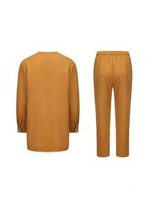 两件套非洲男士服装，长袖条纹拼接衬衫和休闲裤，传统节日派对男装套装 - 橘色 - 查看 4