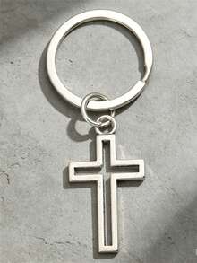 1pc Classic Basic Cross Keychain, Fashionable Men's Punk Style Car Pendant, Unisex, Minimalist Design - Silver - View 4