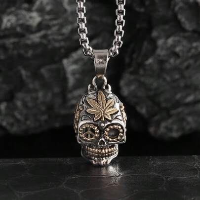1pc Vintage Punk Style Skull Necklace, Men's Distressed Dual-Tone Peace Sign Pendant, Hip Hop Brand Accessory Gift