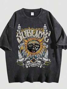 Retro Sun Face Skull Print, Men's T-Shirt, SUBLIM Band Style Free Theme Loose Short Sleeved Shirt Vintage Washed Cotton Short Sleeve T-Shirt Crew Neck Soft Casual Tee For Men Women In Office Women T-Shirts - 黑色02 - 查看 14