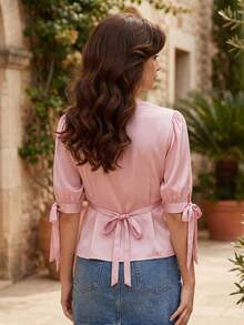 Womens Summer Satin Tops Lace Patchwork Short Puff Sleeves V-Neck Blouse with Adjustable Ribbon Ties - Rosa - Ver 6