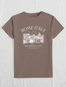 New Fashion Women's Crew Neck-Shirt Camiseta con estampado de la silueta de Roma, Italia, cuello redondo, manga corta, para mujer - ROMA ITALIA, LA CIUDAD ETERNA, FUNDADA EN 753 A.C. Camiseta gráfica casual para mujer, de algodón, lista para el verano, diseño versátil. - Albaricoque - Ver 4