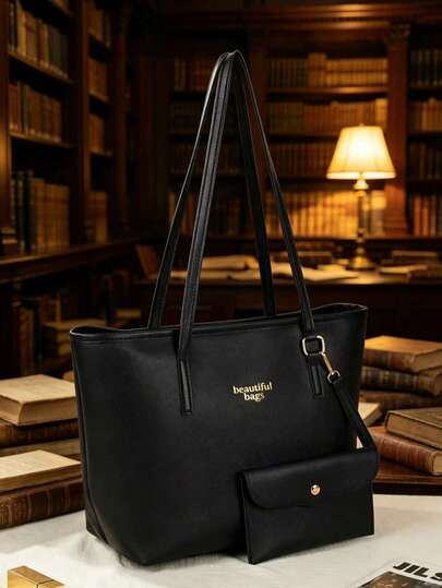 Women's Fashion Large Capacity Tote Bag, Fits 15.6 Inch Laptop, Detachable Pouch Shoulder Bag For Commuting And School