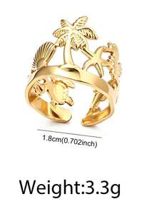 1pc Stainless Steel Women's Ring, Personalized Wide Hollow Design With Starfish & Palm Tree Elements, Adjustable Open Style, Gold Color, Suitable For Commuting, Daily Wear, Gift, Beach Vacation, Versatile Jewelry - Ring - View 3