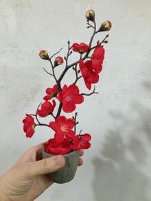 1pc Artificial Potted Plant, Small Faux Peach Blossom With Pot, For Home Decor, Valentine Day, Gift Gifts Birthday Graduation Back To School Room Decor School Supplies - Red - View 3
