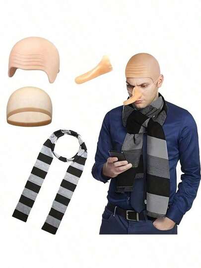 Gru Classic Cosplay Accessories Set - Bald Cap, Fake Nose, Scarf, 4pcs, Perfect For Halloween Party