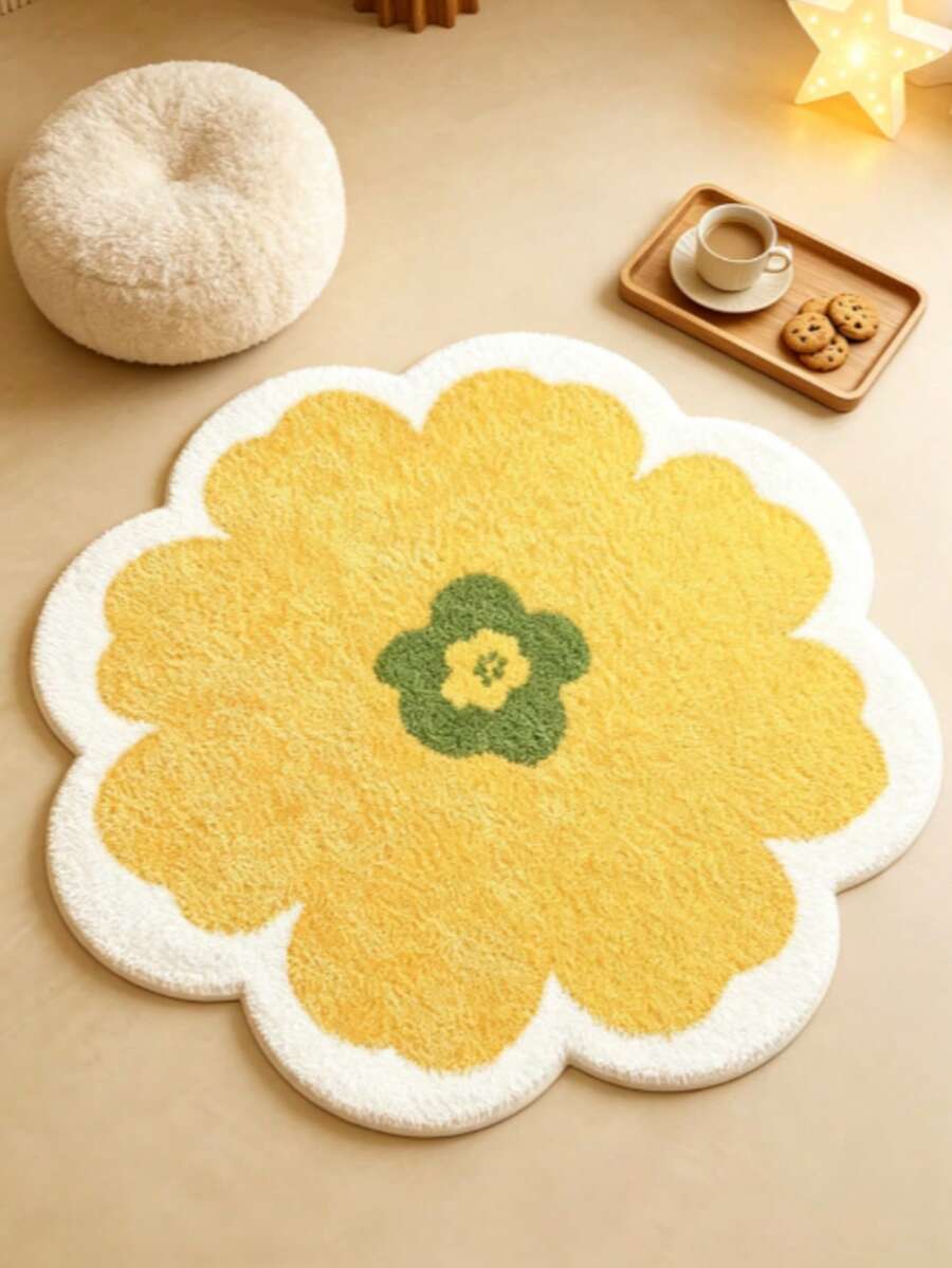 1pc Cream Striped Round Rug, Luxury Irregular Yellow Flower Carpet, Machine Washable, Suitable For Living Room, Bedroom Or Office Decor, Soft Plush Curved Area Mat, Modern Non-Slip Backing, Bathroom Mat, Doormat, Small Rug, Carpet, Floor Mat, Home Decor, Area Rug, Outdoor Mat - Multicolor - View 1