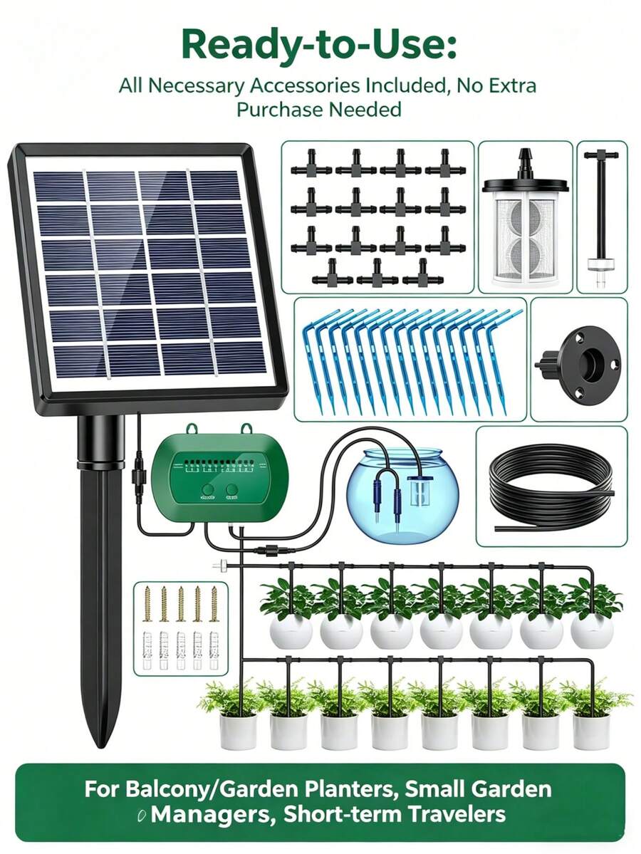 Kit de riego solar automático para jardín, sistema de riego por goteo con manguera de 15 m, temporizador de riego automático para vacaciones, balcones, macetas y plantas. - Negro - Ver 1