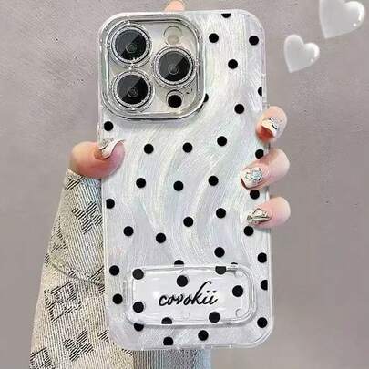 Funda de teléfono a lunares negros con soporte de espejo, adecuada para iPhone 16/17/15/14/13/12/11 Pro Max