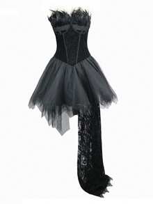 Gothic Style Feather Decor Halter Dress, Short Front Long Lace Tail Gown - Black - View 11