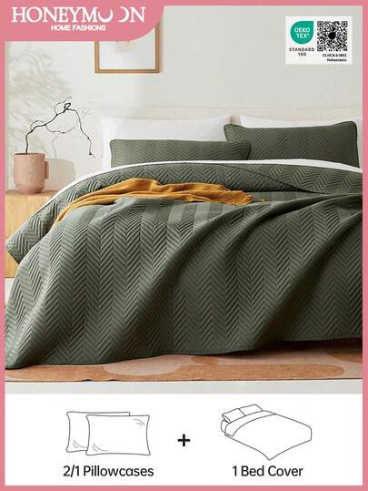 Bộ ga trải giường và vỏ gối siêu mềm mại bằng sợi microfiber, may bằng sóng siêu âm, thích hợp cho mọi mùa, kiểu dáng cổ điển thanh lịch, thoải mái, nhẹ nhàng như mây, gồm 1 vỏ chăn và 2 vỏ gối, màu xanh ô liu.