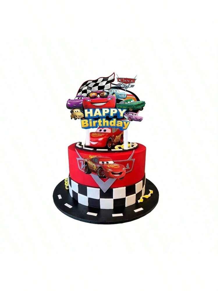 Conjunto de decoración para fiesta de cumpleaños con tema de autos, decoraciones grandes para pastel, decoraciones de cupcakes con estilo de carreras a cuadros en blanco y negro, accesorios de decoración para mesa de postres adecuados para fiesta de cumpleaños - Multicolor - Añade 8