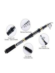 Carbon Fiber Double Lock Telescopic Fishing Rod | Portable Travel Style, EVA Anti Slip Handle+Stainless Steel Guide Ring Lightweight - Black - View 2