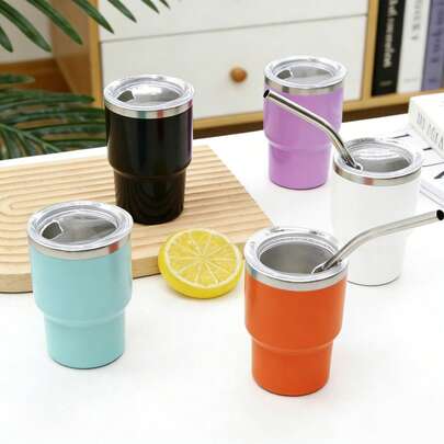 6 piezas/Set, Taza aislante de 3oz con revestimiento interior de acero inoxidable, carcasa de PP con tapa y pajita, copa de vino portátil y reutilizable, adecuada para el hogar, bar y fiestas