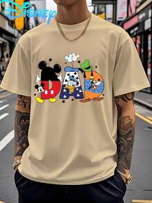 Disney Men's Leisure Fashion Creativity Mickey Mouse Pattern The Best Dad Ever. Letter Printed T-Shirt, Round Neck Comfortable Cotton Fabric, Suitable For Everyday Wear, Dad's Fashionable Street Clothes, Men's Wear - Màu be - Xem 1