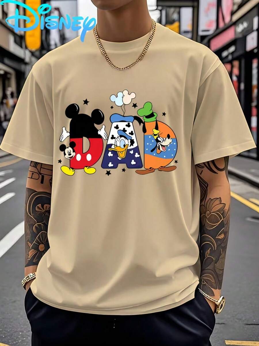 Disney Men's Leisure Fashion Creativity Mickey Mouse Pattern The Best Dad Ever. Letter Printed T-Shirt, Round Neck Comfortable Cotton Fabric, Suitable For Everyday Wear, Dad's Fashionable Street Clothes, Men's Wear - Màu be - Xem 1