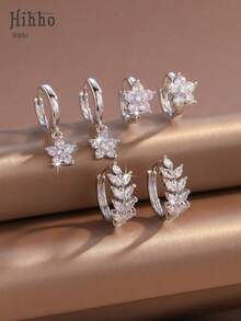Hihho Bộ 6 bông tai mặt dây chuyền hình hoa tối giản đính đá Cubic Zirconia sáng bóng, quà tặng trang sức cao cấp. - Bạc - Xem 4