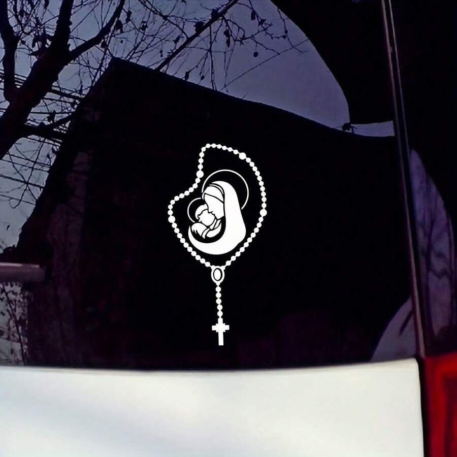 Rosary Car Sticker - Self-Adhesive High-Quality Sticker With "Hail Mary" Prayer Pattern, Matte Black/White, Catholic Style - Decorative Stickers - View 1