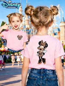 Minnie Mouse Leopard Print Disney Fresh And Fashionable Round Neck T Shirt For Girls Made Of 100 Cotton Is An Ideal Choice For Daily Wear Vacation Leisure Outdoor Exploration School Life And Shopping Trips It Is A Must Have Item For Summer It Is Also An Excellent Gift For The Same Boy And Girl Every Child Deserves One - Pink - View 1