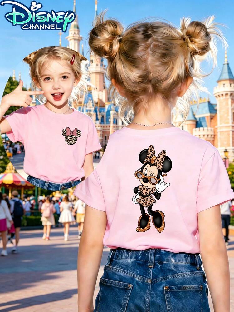 Minnie Mouse Leopard Print Disney Fresh And Fashionable Round Neck T Shirt For Girls Made Of 100 Cotton Is An Ideal Choice For Daily Wear Vacation Leisure Outdoor Exploration School Life And Shopping Trips It Is A Must Have Item For Summer It Is Also An Excellent Gift For The Same Boy And Girl Every Child Deserves One - Pink - View 1