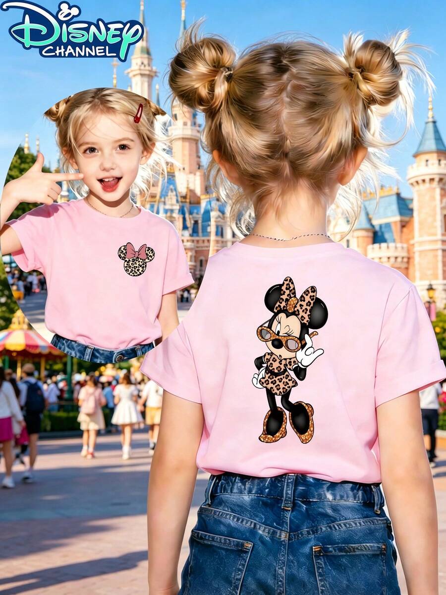 Minnie Mouse Leopard Print Disney Fresh And Fashionable Round Neck T Shirt For Girls Made Of 100 Cotton Is An Ideal Choice For Daily Wear Vacation Leisure Outdoor Exploration School Life And Shopping Trips It Is A Must Have Item For Summer It Is Also An Excellent Gift For The Same Boy And Girl Every Child Deserves One - Pink - View 1