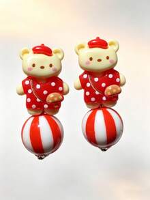 1 par de pendientes de oso de resina 3D con pompones lindos y resistentes al desvanecimiento, adecuados para que las mujeres los usen en citas, vacaciones y fiestas - Multicolor - Ver 4