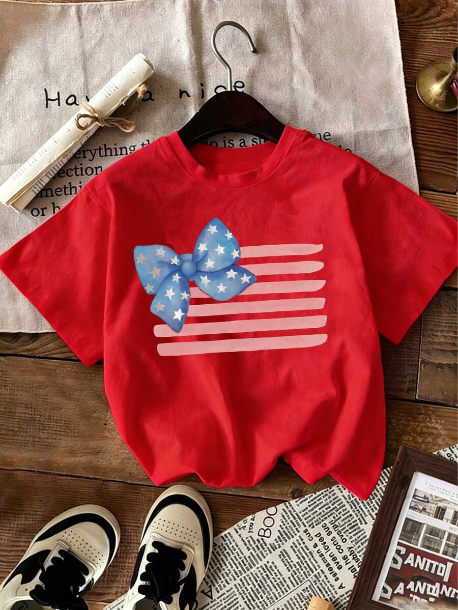 [Independence Day] Tweed Girl Independence Day Patriotic Bow Print Pullover Crew Neck T-Shirt - Spring, Summer, And Autumn Student Young Children's Short-Sleeve Top - Perfect For Play And Casual Outings. A Fun And Colorful T-Shirt That Inspires Every Child's Imagination. Suitable For Sporty Girls' Everyday Wear, Street Style, And School Uniforms. - 紅色 - 查看 1