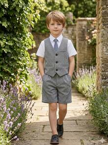 Ensemble tuxedo d'été pour enfants, tenue de performance pour garçons, tenue de mariage de garçon d'honneur, costume de fête pour jeune garçon, style britannique (gilet + shorts + cravate) - Gris - Voir 1