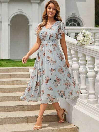 EVERPRETTY Vestido de noche de gasa con cuello en V elegante y romántico, mangas cortas con volantes, adecuado para bodas de primavera/verano, ocasiones formales, graduaciones, vacaciones, fiestas de cumpleaños