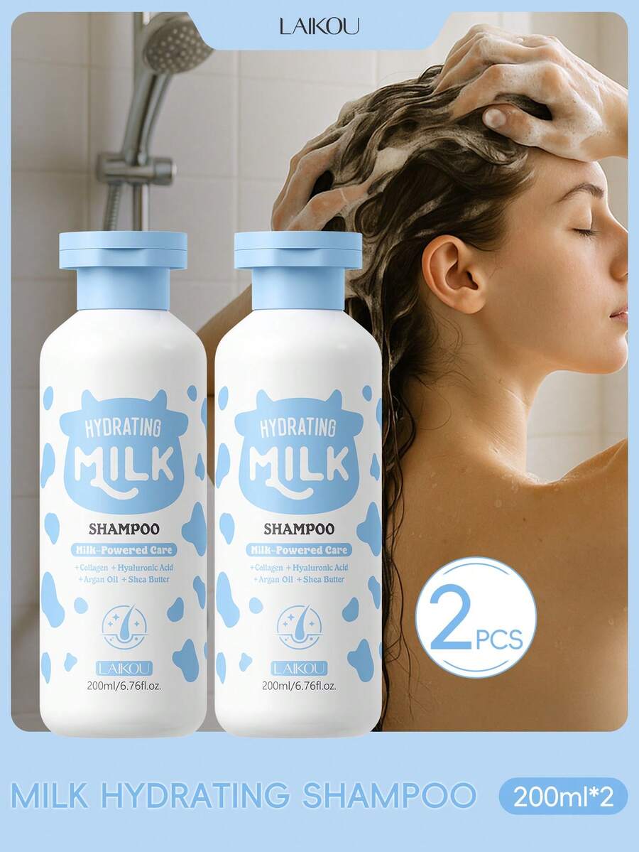 LAIKOU 2瓶装 - 200毫升 日本来口牛奶深层滋养洗发水，控油去屑，滋润干性发质，持久留香，浴室洗发水，护发产品，适合女性和女孩使用