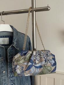 1pc Blue Sequin Decor Nylon Pleated Evening Bag, Women Shoulder Bag, Spring New Arrival - Blue - View 3