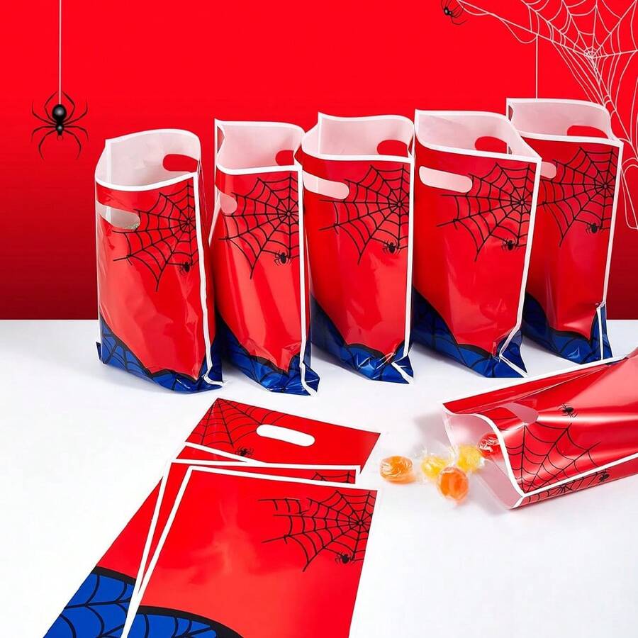 10/20/50 piezas Bolsas de regalo con asas con diseño de telaraña, decoraciones de cumpleaños de superhéroe rojo y azul, suministros para baby shower - Rojo - Ver 1