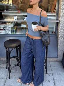 FOR BEAUTY Spring/Summer New Women's Knit Top, Blue Solid Color Patchwork Bow, Y2K Midriff-Baring Off Shoulder Short Knit Sweater, Shoulder Button Design, Casual Chic Minimalist Style, Suitable For Daily Wear, Street, Music Festivals, Beach Vacations, Dates - Blue - View 5