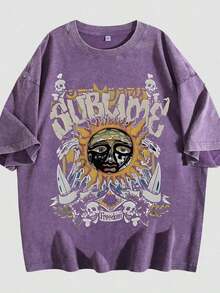 Retro Sun Face Skull Print, SUBLIM Band Style Free Theme Loose Short Sleeved Shirt Vintage Washed CottonT-Shirt Crew Neck Soft Tee For Men Women - 紫色02 - 查看 15
