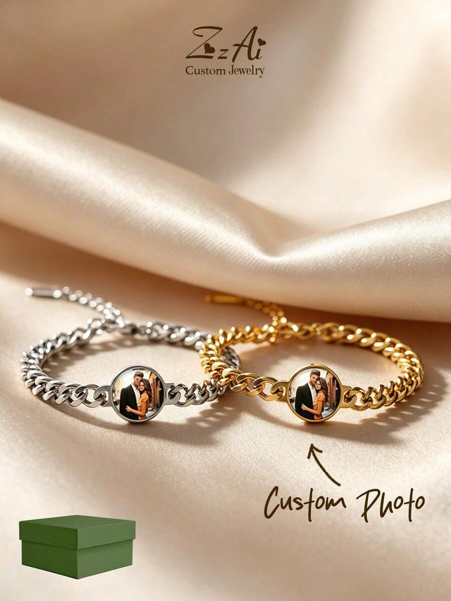 1 Stück personalisiertes Paar-Foto-Armband, Edelstahlkette mit lasergravierten Augen-Foto, gravierter Foto-Schmuck als Geschenk geeignet für Freund, Jahrestags-/Valentinstags-Geschenk, silbernes modisches, minimalistisches Lässig-Design, geeignet für Jahrestag, Geburtstag, Alltag, Party, Muttertag, Valentinstag, Abschluss, Hochzeit, ideales Geschenk für sie, ihn, Freund, Freundin, Vater, Mutter, Familie, Freunde - Farbiges UV-Rundetikett – mehrfarbig - Übersicht 1