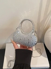 Nuevo bolso de mano mini de acrílico, cartera de embrague de moda, bolso de noche en forma de media luna personalizado con correa - Plateado - Ver 5