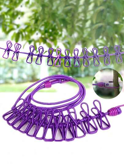 1pc Portable Retractable Clothesline With 12 Clips, Washing Machine Drying Rack No Drilling Required Retractable Clothesline, Outdoor Camping Travel Clothesline, Hotel Room Retractable Elastic Clothesline