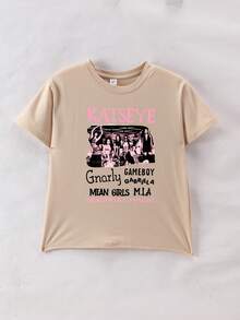 This Casual Rose Red Round Neck T-Shirt Is Designed Specifically For Older Children. It Features A Creative Cartoon Letter Print Pattern, Very Suitable For Girls And Older Children To Wear. - Apricot - View 5