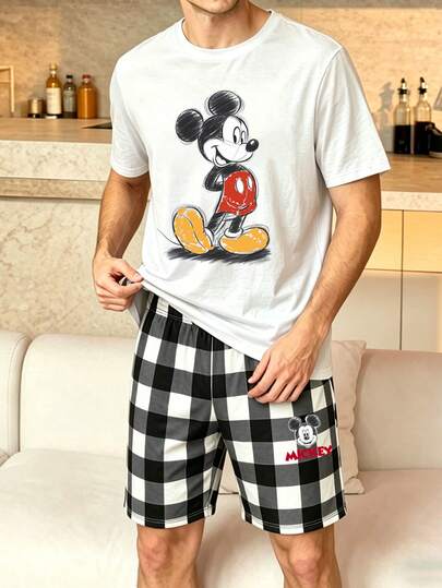 Disney 男士浅蓝色撞色格子睡衣套装，可爱印花短袖睡衣，夏季舒适