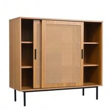 Aparador/mueble de cocina, cómoda/armario de almacenamiento con 2 puertas correderas y estante ajustable, mueble auxiliar de estilo rústico para salón o comedor. Dimensiones: 100 cm de ancho x 90 cm de alto x 37 cm de profundidad. - Color natural - Ver 9
