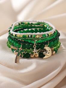 8pcs Bohemian Summer Vacation Style Elegant Fashion Versatile Handmade Beaded Crystal Star, Moon, Olive Tree Pendant Elastic Stacking Bracelet Set, Suitable For Women Party, Beach, Large Gathering, Perfect Gift For Friends And Family, Suitable For All Seasons, Outing, Photo Shooting, Leisure, Commuting, Daily Wear - Multicolor - View 7