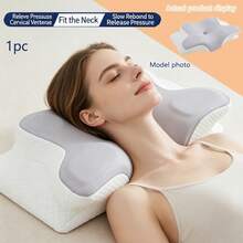 1pc Butterfly Shaped Memory Foam Pillow (With Pillow Case) - Ergonomic Cervical Support, Slow Rebound, Sleep Relaxation Neck Pillow, Suitable For Back And Side Sleepers, Machine Washable Pillow Case - Grey - View 1