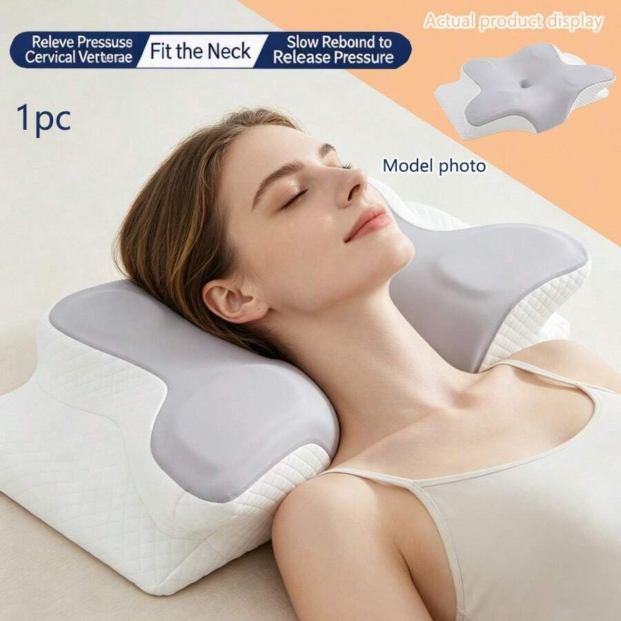 1pc Butterfly Shaped Memory Foam Pillow (With Pillow Case) - Ergonomic Cervical Support, Slow Rebound, Sleep Relaxation Neck Pillow, Suitable For Back And Side Sleepers, Machine Washable Pillow Case - Grey - View 1