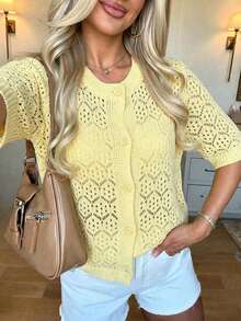 Áo khoác cardigan dệt kim tay ngắn cổ tròn mới mùa hè, áo nữ dáng rộng khoét lỗ mỏng cài nút màu vàng, kiểu dáng thường ngày đa năng, phù hợp cho đi mua sắm, dạo phố, đi chơi, lễ tốt nghiệp, tiệc tùng mùa xuân. - Màu vàng - Xem 6