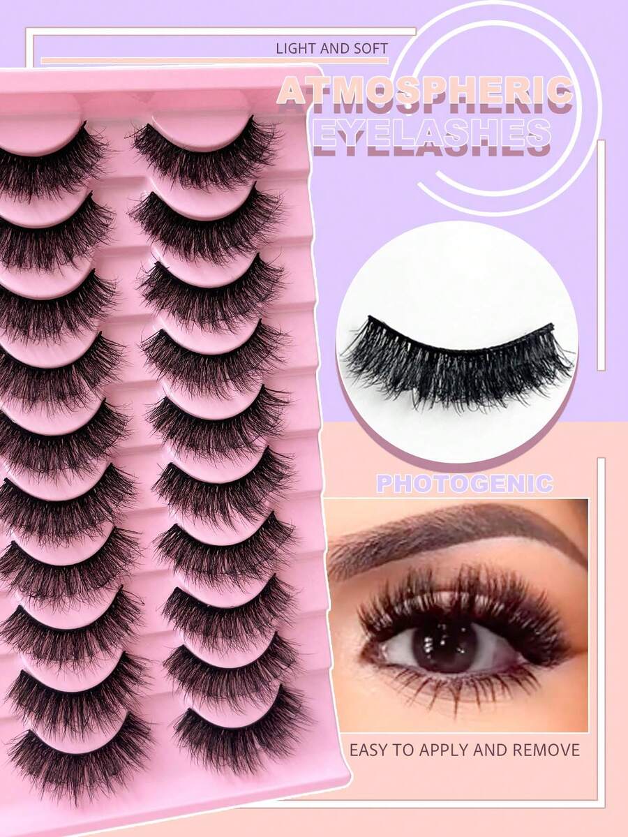 10 pares (MZ07) Nuevas pestañas postizas de fibra natural, diseño de tallo rizado y suave para reducir la fatiga ocular, reutilizables, esenciales para mujeres - Pestañas postizas completas, Pestañas postizas, Pestañas - Negro - Ver 1