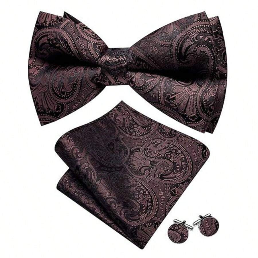 Men's Silk Jacquard Striped Bow Tie Set With Pocket Square And Cufflinks, Formal For Wedding, Party, Ball - Coffee Brown - View 1