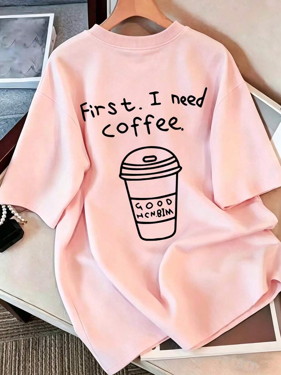 夏季新款女款針織正裝T恤，印有「First. I Need Coffee.」字樣，短袖，簡約時尚，粉色休閒 - 粉色 - 查看 1