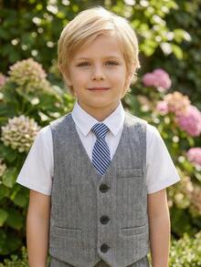 Ensemble tuxedo d'été pour enfants, tenue de performance pour garçons, tenue de mariage de garçon d'honneur, costume de fête pour jeune garçon, style britannique (gilet + shorts + cravate) - Gris - Voir 4