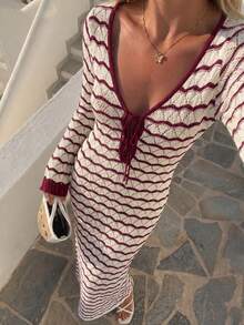 Vestido de manga larga con escote en V profundo a rayas azul y blanco de estilo casual y vacacional para mujer, vestido largo bohemio y sexy para fiestas en la playa y vacaciones de verano - Granate y blanco roto - Ver 3