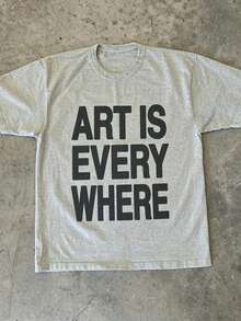 Art Is Everywhere Graphic T-Shirt - Soft, Breathable Crew Neck Tee, Lightweight & Comfortable Casual Summer Wear, Black Letter Print On White Background, Artistic Fashion Statement-Everyday Casual Cotton T-Shirt,Cotton Graphic T-Ghirt,Alphabet Print Unisex T-Shirt New Years Outfit Women Birthday Outfits For Women - Xám - Xem 1